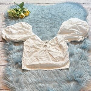 Sim & Sam White Smocked Back Puff Sleeve Cropped Top sz S
